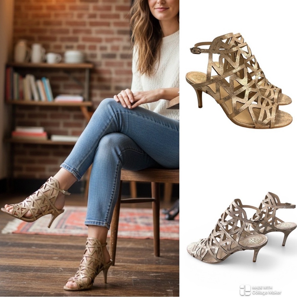 Vince Camuto Prisintha cage sandals in a metallic gold finish